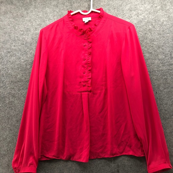 J.Crew Tops - J.Crew Ruffle Collar Button Front Blouse Women 12 Pink Long Sleeve Casual Work